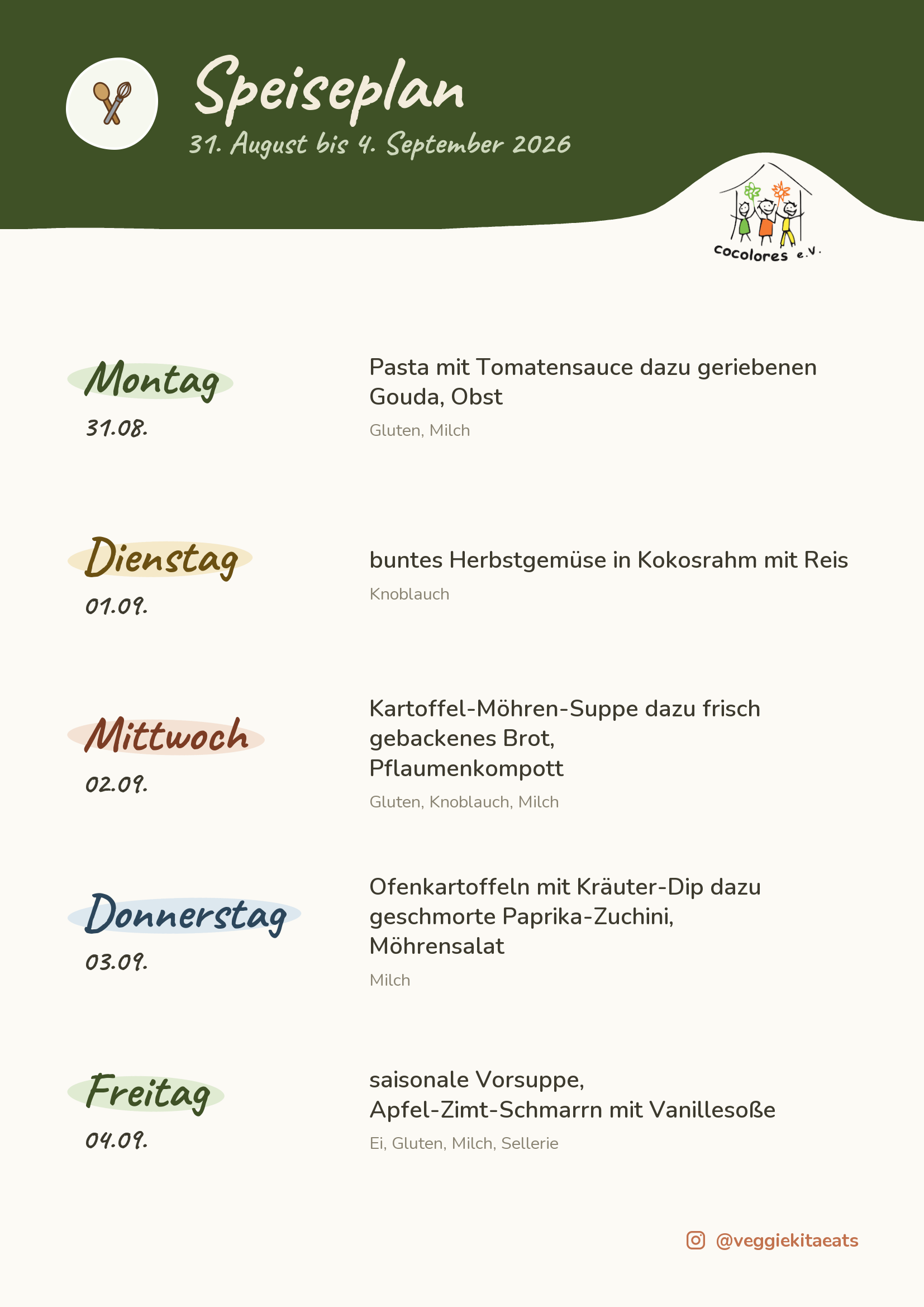 Speiseplan 31. August bis 4. September 2026