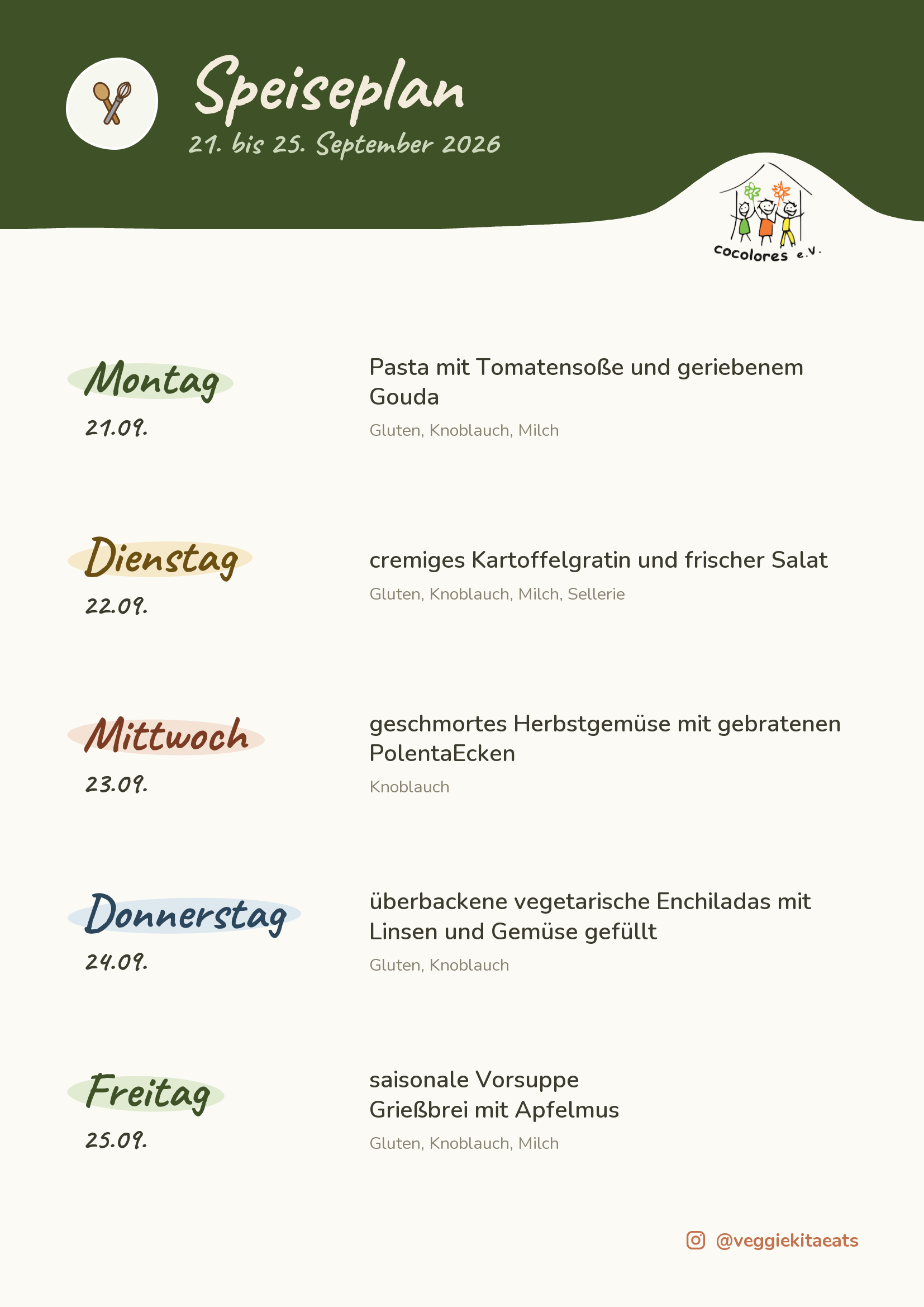 Speiseplan 7. bis 11. September 2026